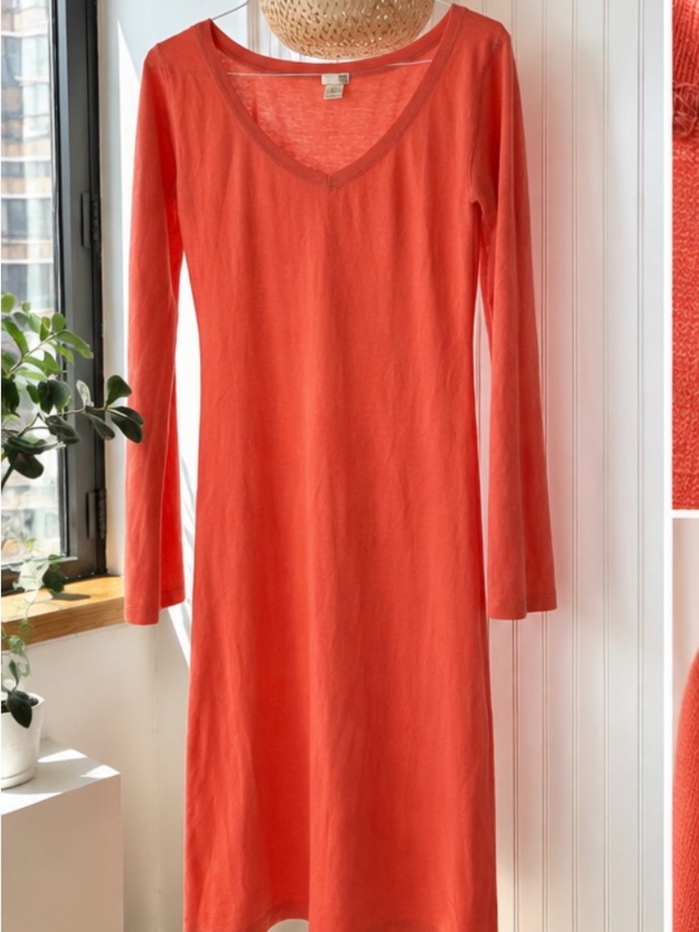 100 % cashmere Coral-Red Long Sleeve V-Neck Long Dress